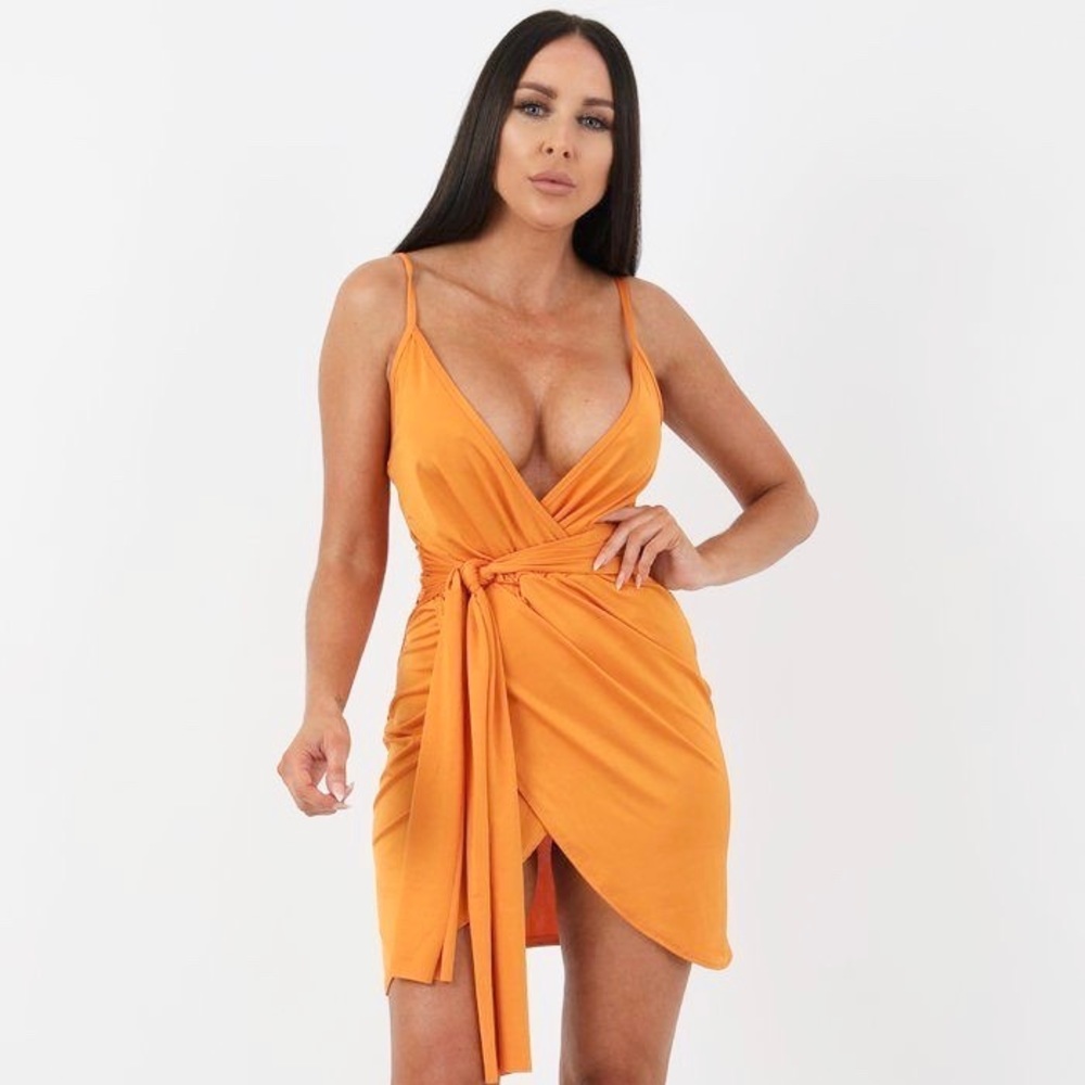 NWT Sexy Orange Wrap Mini Dress | Deep V-Neck Summer Party Cocktails | US Small